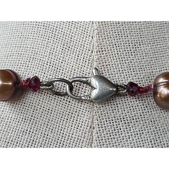 925 Sterling Silver Heart Shaped Clasp Garnet & Pearl Station Necklace Vintage - Picture 7 of 10